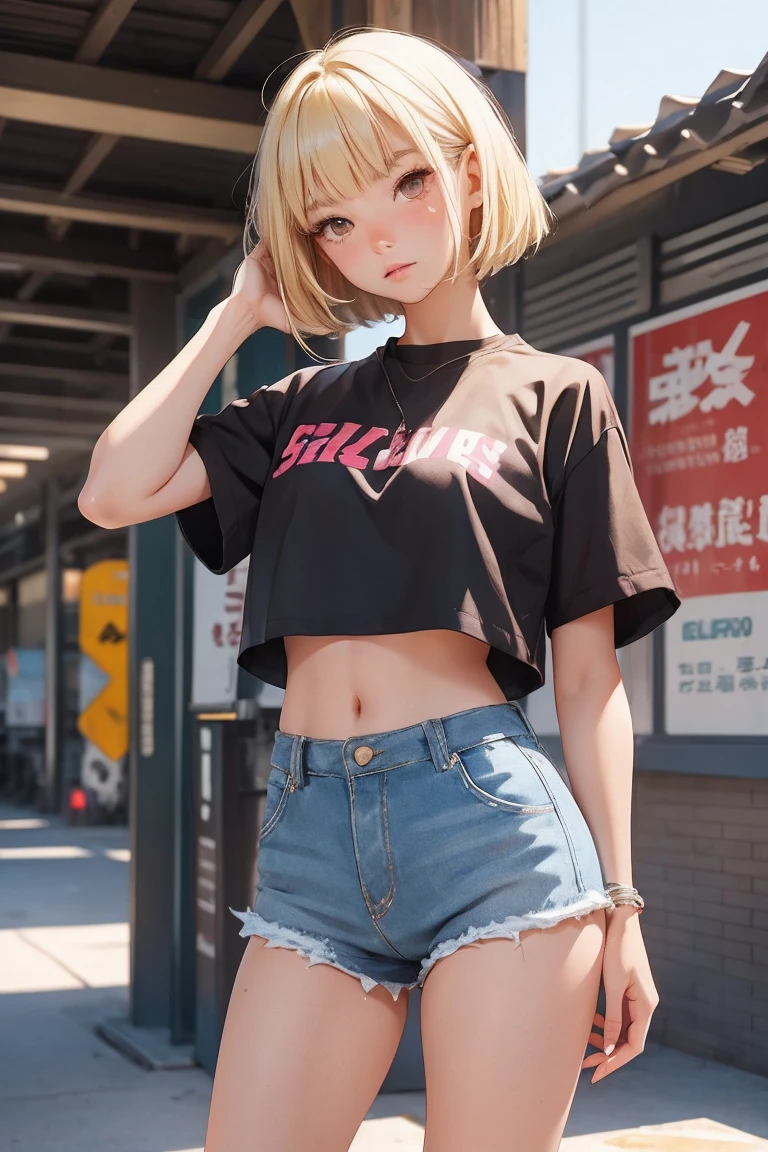 18 year old girl model, hot奴隷いたずらな女の子, beautiful, Too much sunburn, blonde, Bob Hair, bangs, Brown eyes, beautiful figure, Girl in crop shirt and too short mini shorts, beautiful too much long legs, Slave&#39;s Bracelet, Slave choker, Manicure, Cute Makeup, Sweaty armpits, Strike a sexy pose, hot summer, hot, Sexy pose, Summer clothing, Highest quality, Highest quality, Pin-up Style, Retro 80s style, Daisy Dukes Style, Miami vibes, Californian