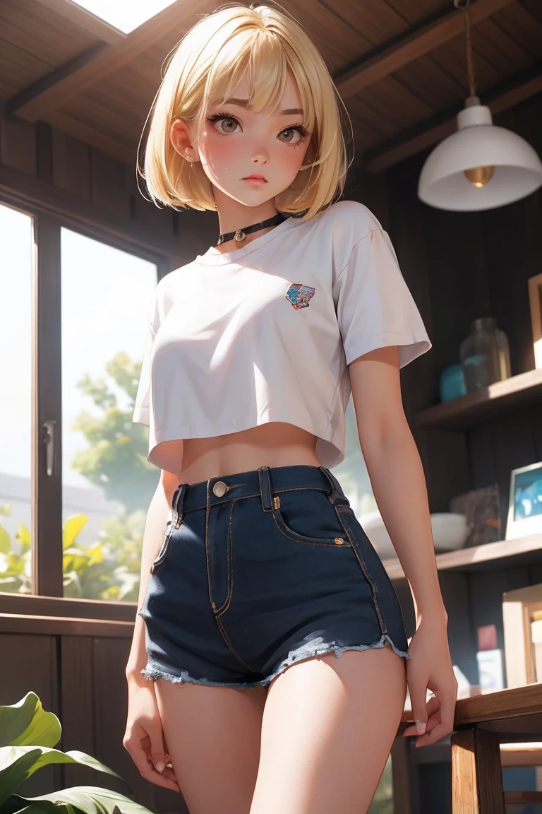 18 year old girl model, hot奴隷いたずらな女の子, beautiful, Too much sunburn, blonde, Bob Hair, bangs, Brown eyes, beautiful figure, Girl in crop shirt and too short mini shorts, beautiful too much long legs, Slave&#39;s Bracelet, Slave choker, Manicure, Cute Makeup, Sweaty armpits, Strike a sexy pose, hot summer, hot, Sexy pose, Summer clothing, Highest quality, Highest quality, Pin-up Style, Retro 80s style, Daisy Dukes Style, Miami vibes, Californian