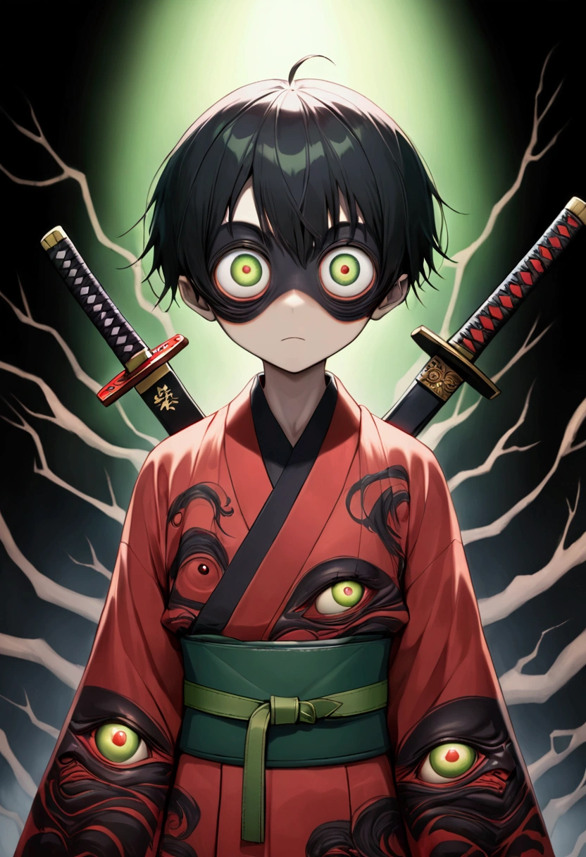 Japanese Anime,Second Dimension,Horror style,horror character,(((Three-eyed boy,Vertical Eye:1.9))),(((Gorgeous Japanese red kimono,Eye pattern,Dark Pattern))).(((Thin waist,Green belt:1.6))).(((Samurai sword))),Black background blur