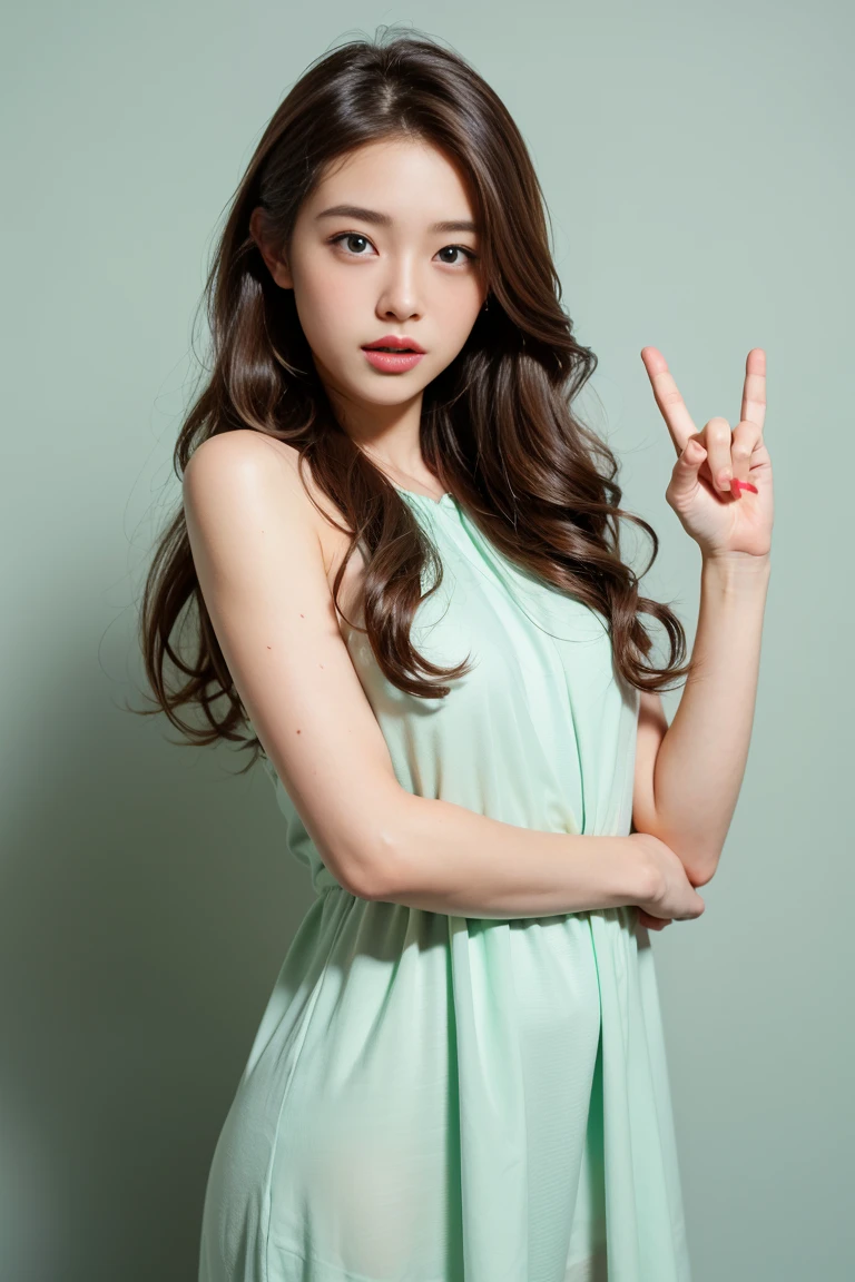 (nude)Wavy long hair, Brown Hair, One girl, Emerald Eyes, Shake with two fingers, Pink Lips, Pastel Green Dress,