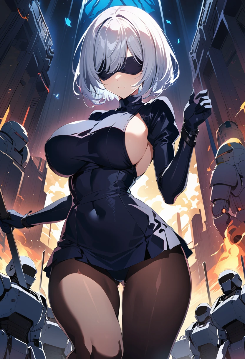 2B Nier Automata,masterpiece, 最high quality, High resolution, Black clothes 、Black Pantyhose、Dark church at night、Wear a miniskirt、Thin legs、Big Breasts、Slim figure、high quality CG Tone、Gray Hair、Black blindfold、Short Bob、Surrounded by mechanical soldiers、Cut the mechanical soldier、stylish、Japanese sword、Clothes get torn