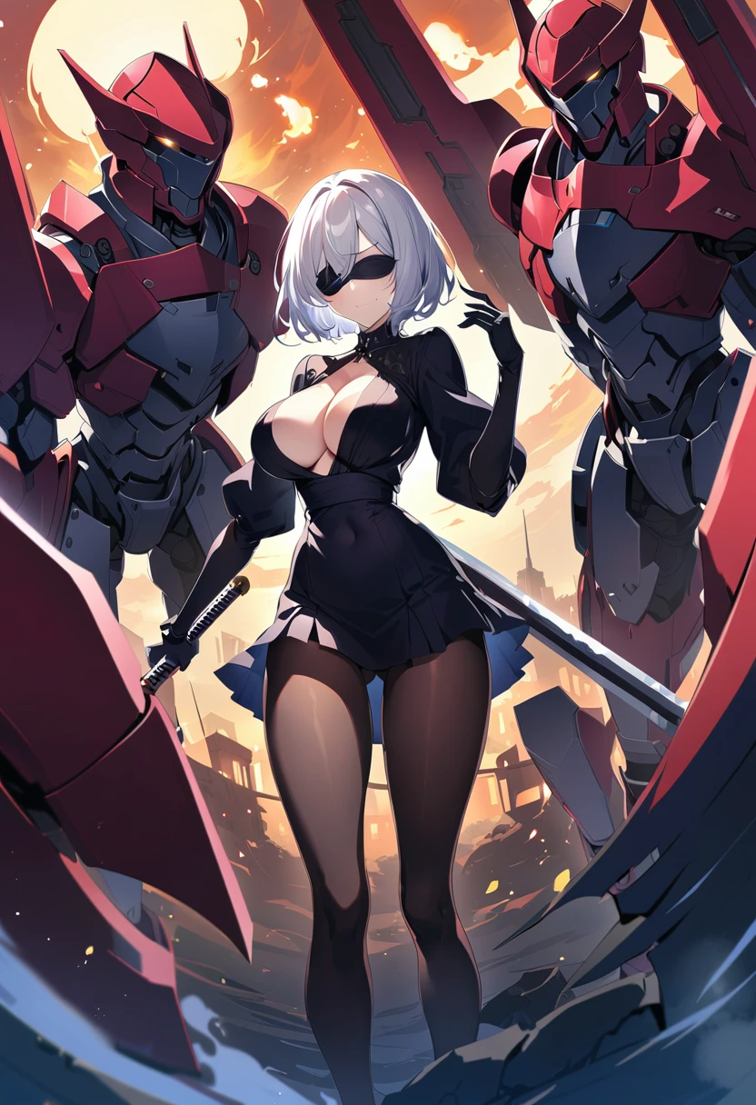 2B Nier Automata,masterpiece, 最high quality, High resolution,  Black clothes 、Black Pantyhose、Dark church at night、Wear a miniskirt、Thin legs、Big Breasts、Slim figure、high quality　CG Tone、Gray Hair、Black blindfold、Short Bob、Surrounded by mechanical soldiers、Cut the mechanical soldier、stylish、Japanese sword、Clothes get torn