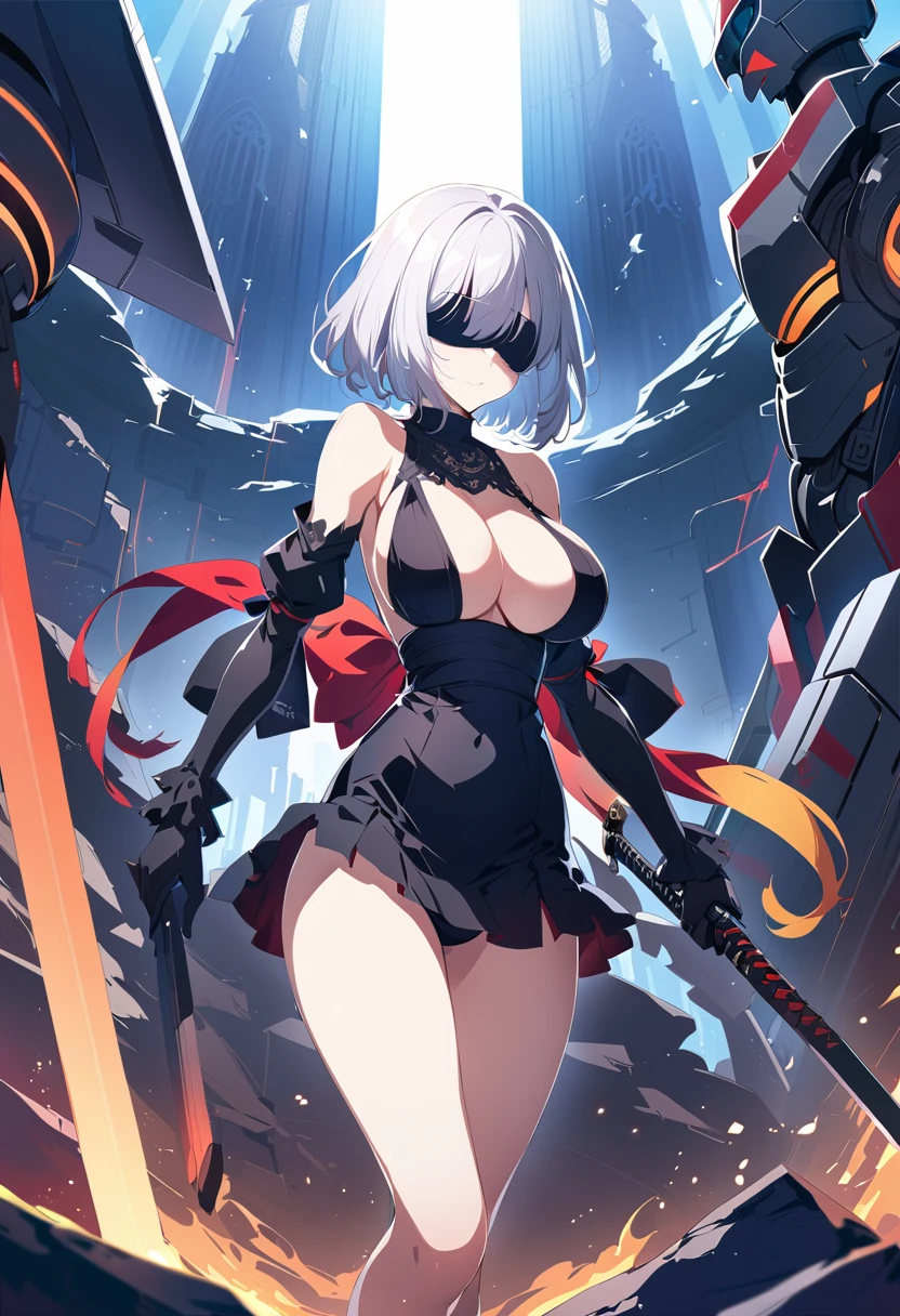 2B Nier Automata,masterpiece, 最high quality, High resolution,  Black clothes 、Black Pantyhose、Dark church at night、Wear a miniskirt、Thin legs、Big Breasts、Slim figure、high quality　CG Tone、Gray Hair、Black blindfold、Short Bob、Surrounded by mechanical soldiers、Cut the mechanical soldier、stylish、Japanese sword、Clothes get torn