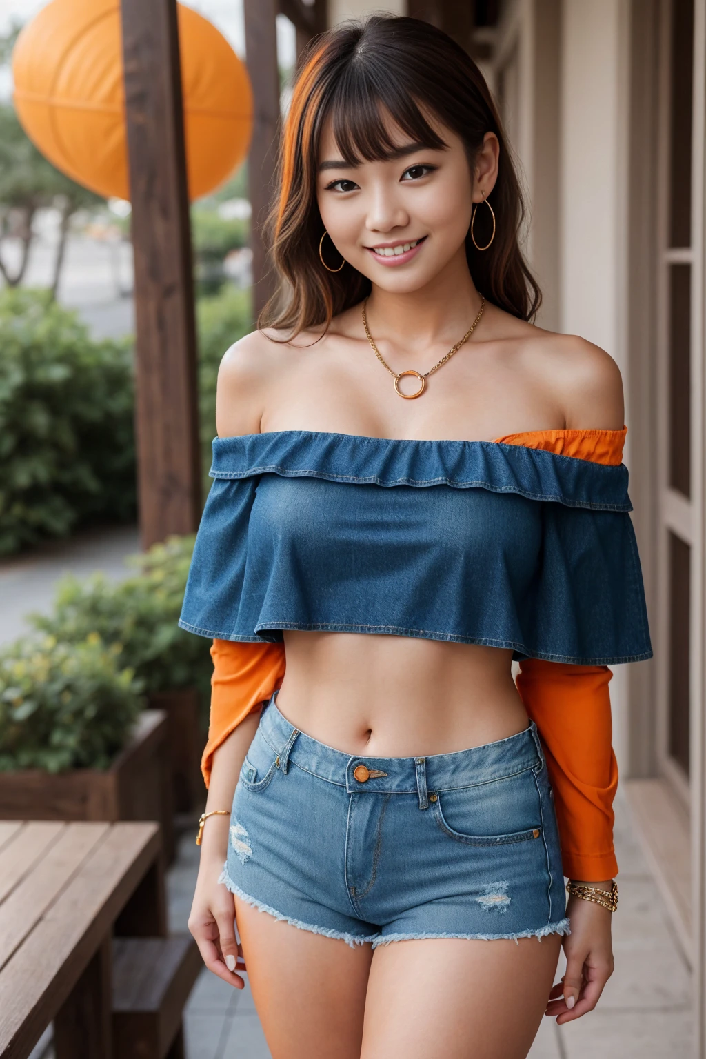 Half-length glamour portrait, nikon D850, f1.6 lens, 200mm, DSLR, 22 Megapixels, (((Quiet patio scene))), shot of a stunning 19 years old korean girl, (smile:1.4), (wearing Denim shorts set with Orange off-the-shoulder top:1.6), ((seductive pose)), hot girl, (((big natural breasts))), (((black fringe hair))), (small girl), symmetrical face, photorealistic, photography, (bright natural lighting), gorgeous, deep cleavage, (masterpiece), best quality, high resolution, extremely detailed, cinematic lighting, (((very narrow waist))), rich colors, hyper realistic, lifelike texture, ((jewelry)), (((She has beautiful hands and wears rings))), (bracelet), (necklace), (ankle chain), (nail polish) (earrings), Fuji Superia 200, 8k
