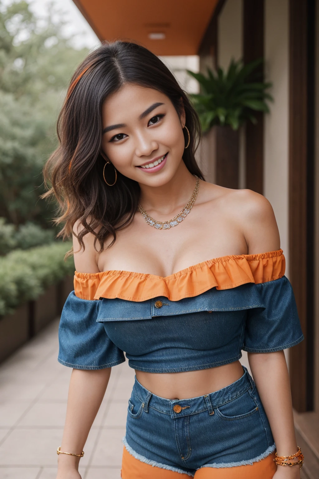 Half-length glamour portrait, nikon D850, f1.6 lens, 200mm, DSLR, 22 Megapixels, (((Quiet patio scene))), shot of a stunning 19 years old korean girl, (smile:1.4), (wearing Denim shorts set with Orange off-the-shoulder top:1.6), ((seductive pose)), hot girl, (((big natural breasts))), (((black fringe hair))), (small girl), symmetrical face, photorealistic, photography, (bright natural lighting), gorgeous, deep cleavage, (masterpiece), best quality, high resolution, extremely detailed, cinematic lighting, (((very narrow waist))), rich colors, hyper realistic, lifelike texture, ((jewelry)), (((She has beautiful hands and wears rings))), (bracelet), (necklace), (ankle chain), (nail polish) (earrings), Fuji Superia 200, 8k