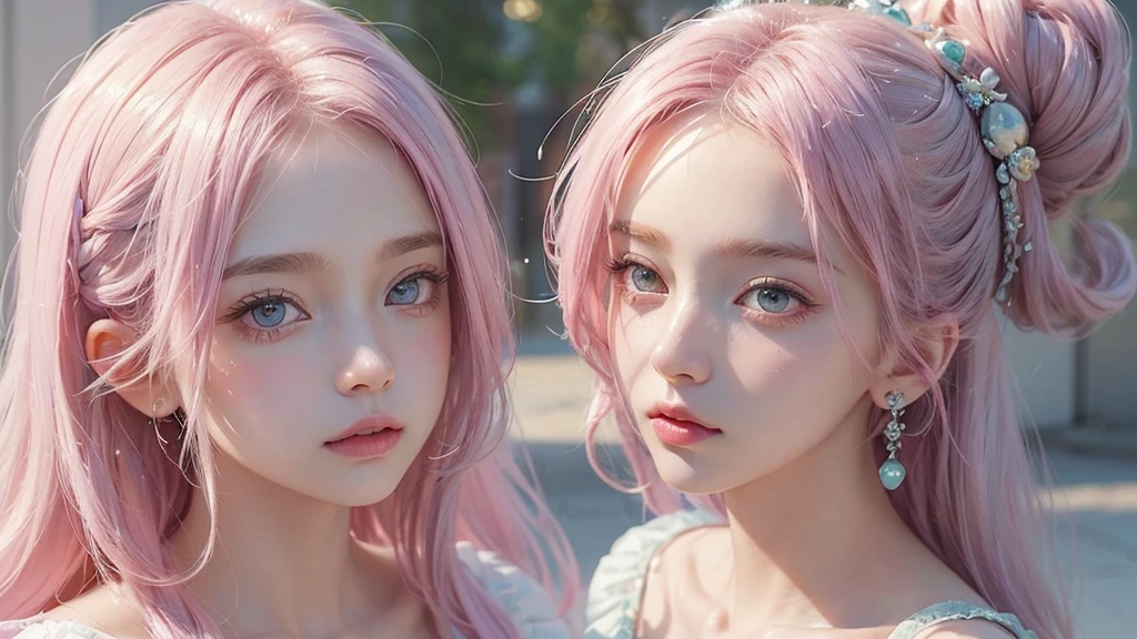 ((masterpiece)). This work is dreamy and fantastical., Soft pink watercolor shades. Generates delicate magical women exploring the bubble gum world in a variety of pastel colors. Her sweet face is extremely detailed and realistic with elegant, Mature features, Puffy, Big lips and stunning, Extremely realistic eyes. Her eyes are important、Be realistic, Very detailed, And it's beautiful. High resolution and detail, Include many details like stars, Milky Way, Colorful bubbles, Colorful petals, And a lot of energy and emotion! Stars and colorful bubblegum bubbles are important! Include fantasy details, Enhanced Details, iris, Colorful sparkling wind, And pollen. Pay special attention to her face、Make sure it's beautiful and realistic in detail。. The image is dreamy、It has to be fantastical..8k, Complex, elegant, Very detailed, Majestic, Digital photography