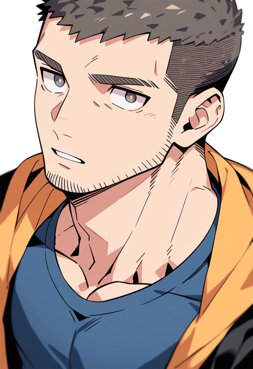 anime characters:Priapus, Muscle Sports Student, Buzz Cut, Manliness, male focus, Sports tight hooded sweatshirt, Very tight, full and perky chest muscles, muscular male, muscular, only, Upper body, alone, Black short hair, Thick eyebrows, stubble, Brown-red pupils, White background, simple background, amazing quality, best aesthetics, Ridiculous, crew cut, parted lips, flustered, endured face, negative space, best quality