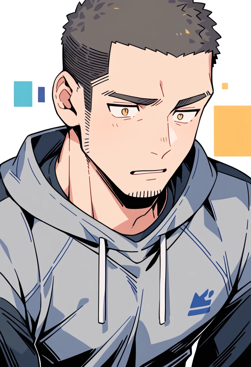 anime characters：Priapus, Muscle Sports Student, Buzz Cut, Manliness, male focus, Sports tight hooded sweatshirt, Very tight, full and perky chest muscles, muscular male, muscular, only, Upper body, alone, Black short hair, Thick eyebrows, stubble, Brown-red pupils, White background, simple background, amazing quality, best aesthetics, Ridiculous, crew cut, parted lips, flustered, endured face, negative space, best quality