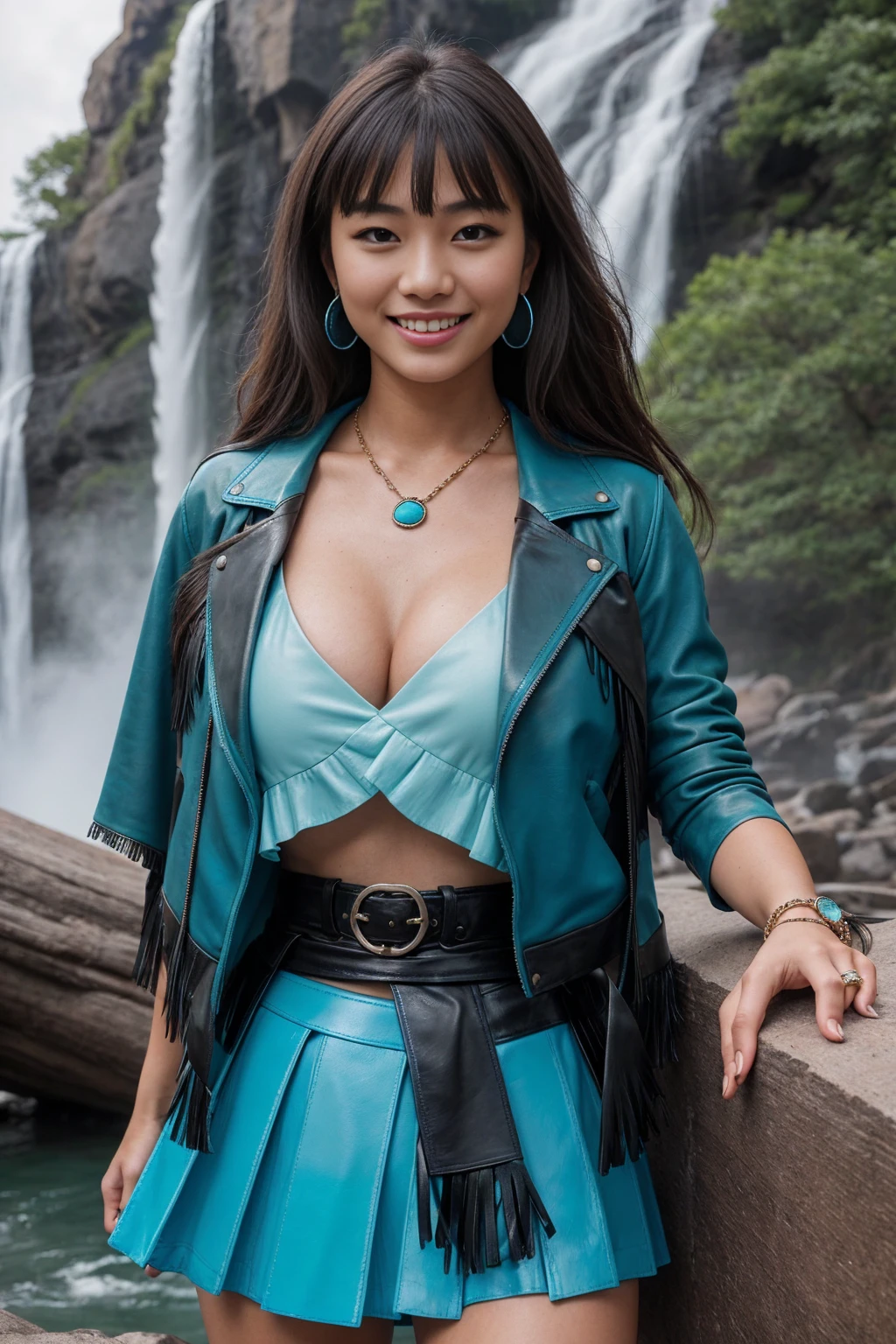 Half-length glamour portrait, nikon D850, f1.6 lens, 200mm, DSLR, 22 Megapixels, (((Majestic waterfall scene))), shot of a stunning 19 years old korean girl, (smile:1.4), (wearing Cerulean blue skirt with Turquoise blouse and leather jacket:1.6), ((seductive pose)), hot girl, (((big natural breasts))), (((black fringe hair))), (small girl), symmetrical face, photorealistic, photography, (bright natural lighting), gorgeous, deep cleavage, (masterpiece), best quality, high resolution, extremely detailed, cinematic lighting, (((very narrow waist))), rich colors, hyper realistic, lifelike texture, ((jewelry)), (((She has beautiful hands and wears rings))), (bracelet), (necklace), (ankle chain), (nail polish) (earrings), Fuji Superia 200, 8k