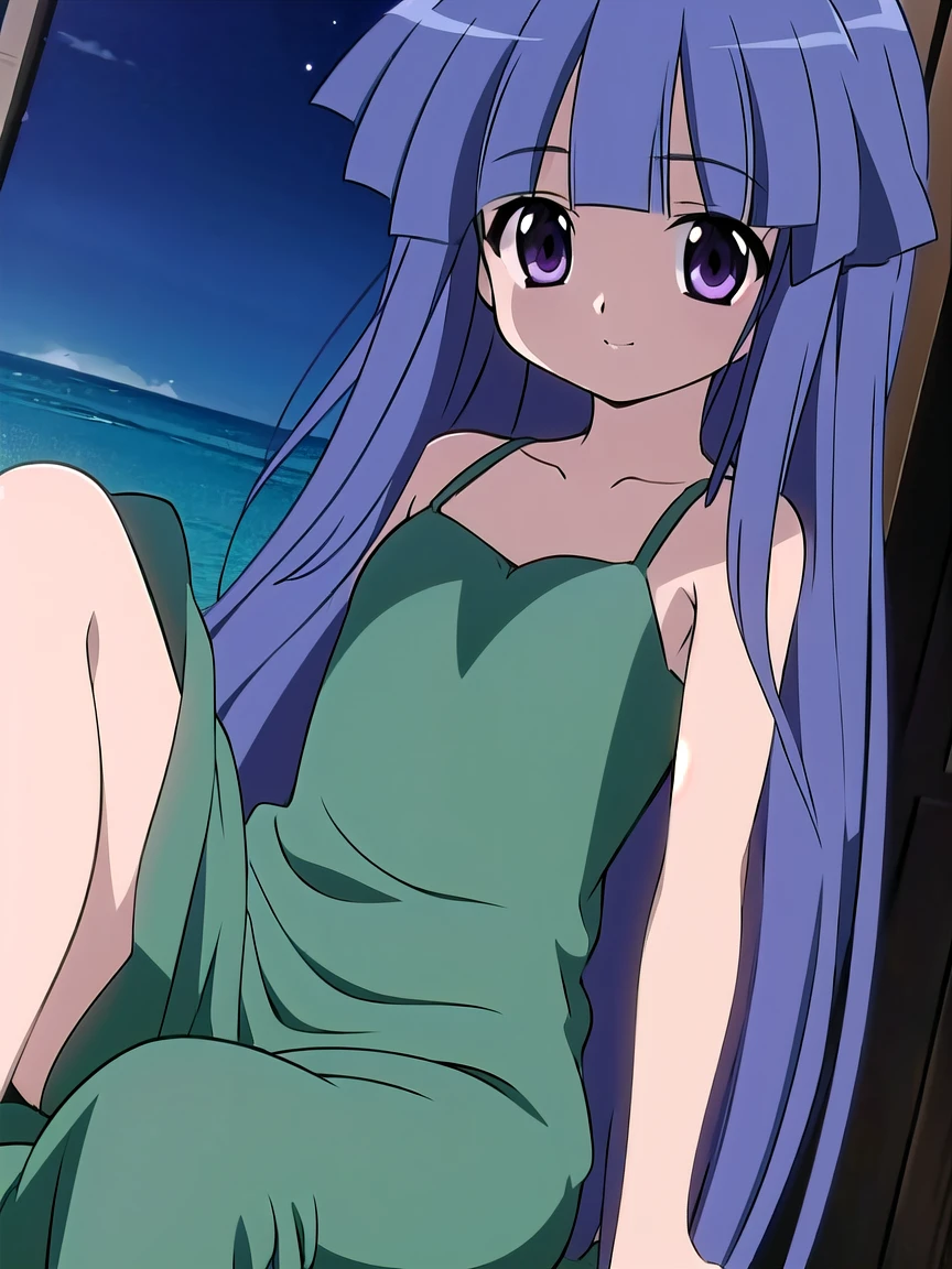 ((masterpiece, best quality)),high resolution,ultra detailed,8k,16k,detailed background, perfect lighting, 1girl,solo,furude rika,blue hair,purple eyes,very long hair,blunt bangs,green dress,flowers