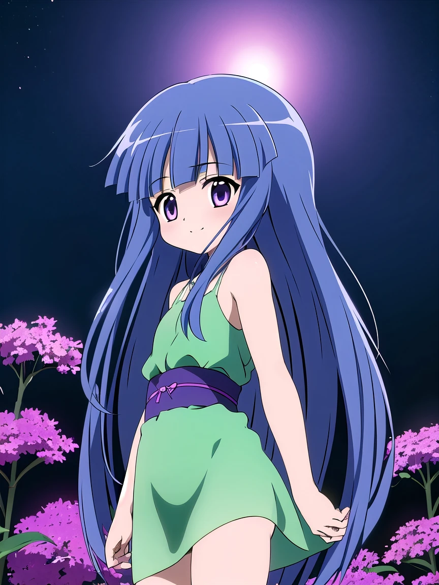 ((masterpiece, best quality)),high resolution,ultra detailed,8k,16k,detailed background, perfect lighting, 1girl,solo,furude rika,blue hair,purple eyes,very long hair,blunt bangs,green dress,flowers