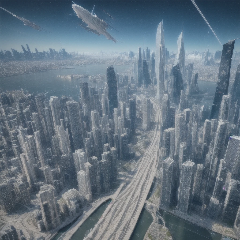(high quality,Masterpiece,Extremely detailed,3d,8k:1.2) ,Future City,Surreal,Several warships in the air