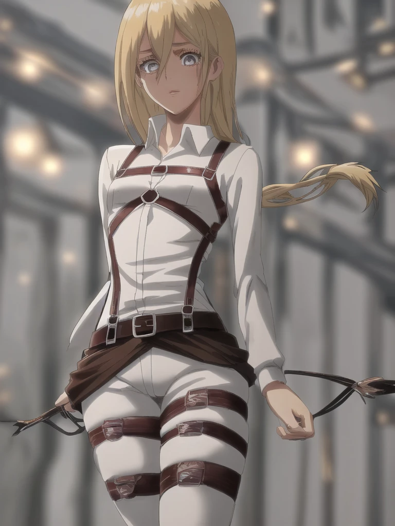 software, (Hair loss:1.4), upright, From below, Zoom out, whole body, Long legs, history_lease, Long Hair, history, Krista Lentz, ((small chest)), , Blonde, blue eyes, Hair between the eyes, Official Art, Jacket, brown Jacket, Symbolism, belt, Thigh straps, pants, white pants, boots, shirt, white shirt, collared shirt, Shine目, Perfect Eyes, Glowing Eyes, Tight waist, Wide Hips, Dynamic Angle, Dynamic pose, 笑face, have confidence, Conceit, Focus on your audience, Pink Lips, Long eyelashes, Cowboy Shot, chestの谷間, Lips parted, (masterpiece, Highest quality, Shine光, Shine, Shine肌, Super detailed, Detailed Background, Complex background), (perfect face, detailed face, Detailed eyes, Perfect hands, Perfect Fingers), ((8k wallpaper)), beautiful指, beautiful体, beautifulキャラクターデザイン, perfect face, Perfect balance, extremely detailed CG unity 8k wallpaper, Perfect lighting, colorful, bright_front_face_Lighting, (masterpiece:1.0),(Highest_quality:1.0), Ultra-high resolution, Very detailed, photograph, 8k, Absurd:1.2, 400 for Kodak Port, Blurred Background, Bokeh, Lens flare, プロのphotograph, (Vibrant_color:1.2),(beautiful_face:1.2), 2D, anime, In the medieval town, chest, Harness, alone, One girl, Slim figure, Soft Skin, color白, notably Long eyelashes, (Tight clothing)