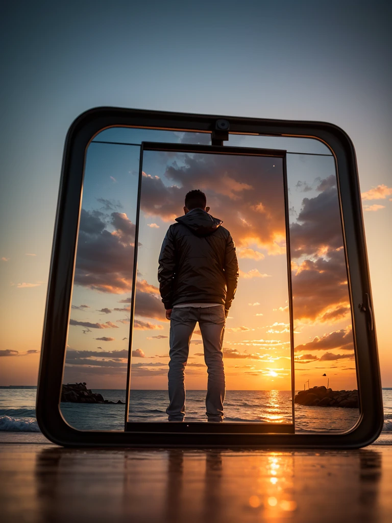 超High resolution, Attention to detail, high quality, High resolution, 最high quality, 4K, 8k,Real,Convex mirror standing on the road,Reflected seascape,,sunset,