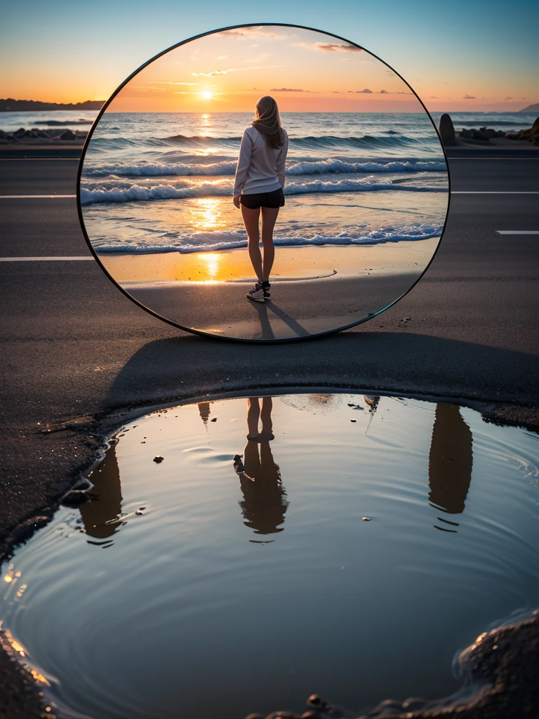 超High resolution, Attention to detail, high quality, High resolution, 最high quality, 4K, 8k,Real,Convex mirror standing on the road,Reflected seascape,,sunset,