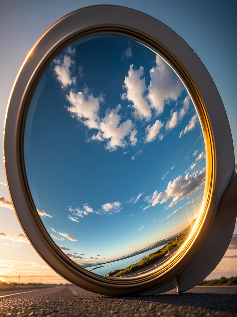 超High resolution, Attention to detail, high quality, High resolution, 最high quality, 4K, 8k,Real,Convex mirror standing on the road,Reflected seascape,,sunset,