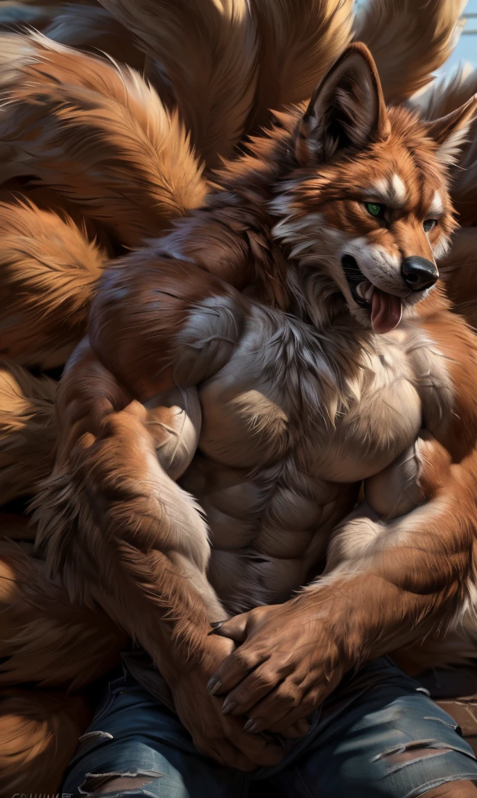 4k, high resolution, best quality, perfect colors, perfect shadows, perfect lighting, ((full bodyportrait)), posted on e621, furry body, solo, anthro red fox, lay on the Floor, lying on the back, (monotone orange fur:1.3), male, black beard, white chest fur, adult, wolf tail, (heavily muscular, manly, brutal, masculine:1.4), green eyes, realistic eyes, masculine, (muscular, dense build:1.4, muscular shoulders, strong pecs), majestic, brutal, confident, lay in the floor, wearing jeans, arms up, stretching, (photorealistic detailed fur, epic, masterpiece:1.2), (by Taran Fiddler, by Chunie, by Rukis, Bonifasko lighting), claws on hands, (photorealistic fur, detailed fur, epic, masterpiece:1.2), sexy shadows, (by echin, by Taran Fiddler, by takemoto arashi, by Traver009, by Juiceps), (detailed eyes:1.2), impressive physique, serious face tongue out of mouth, detailed eyes, up angle photo,(nine tails:1.5)