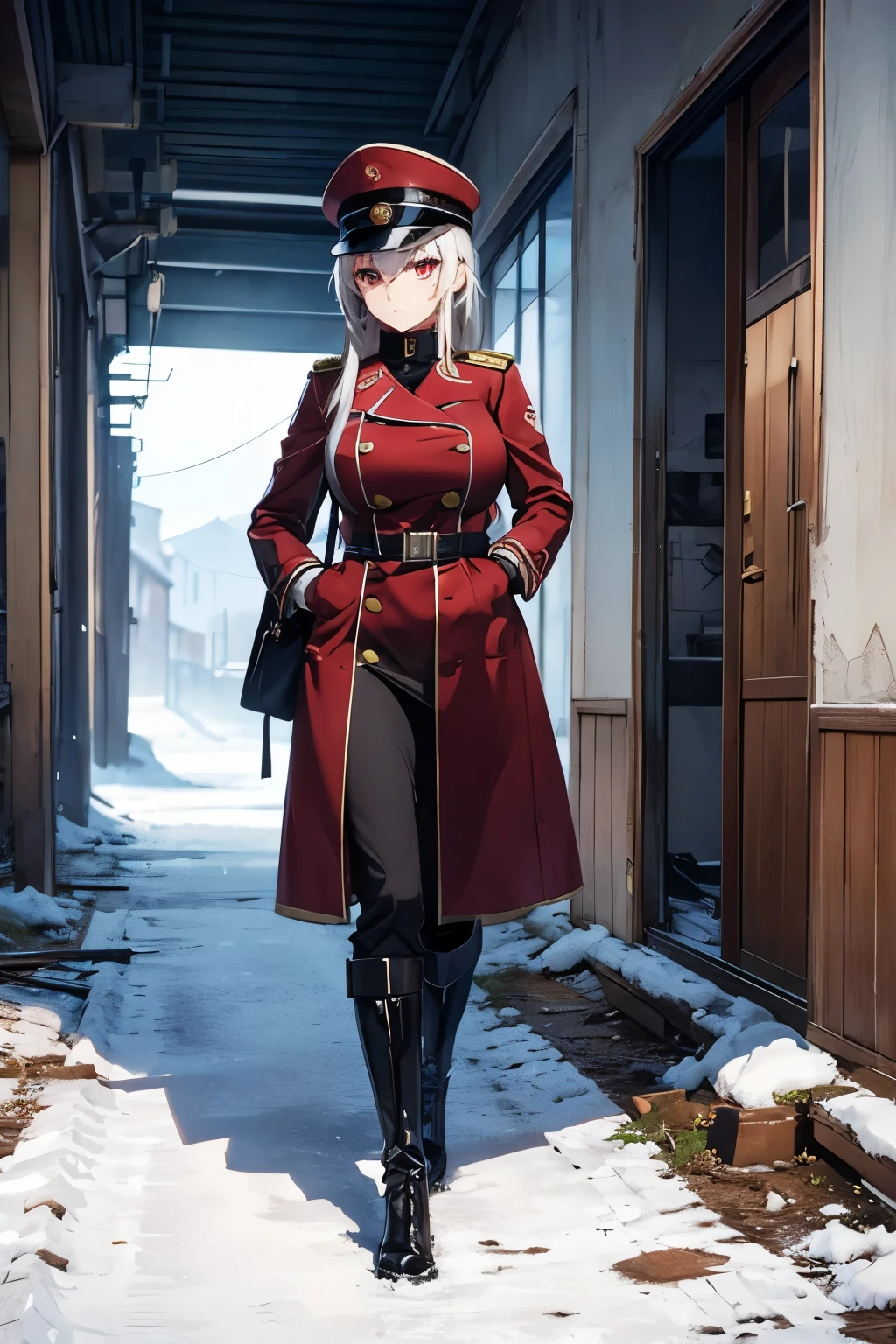 beautiful woman Soviet officer with silver short messy hair,Long sideburns and red eye.tsurime,big breasts,anime style,1940,Wearing a long coat and a military cap, walking through an abandoned town in winter