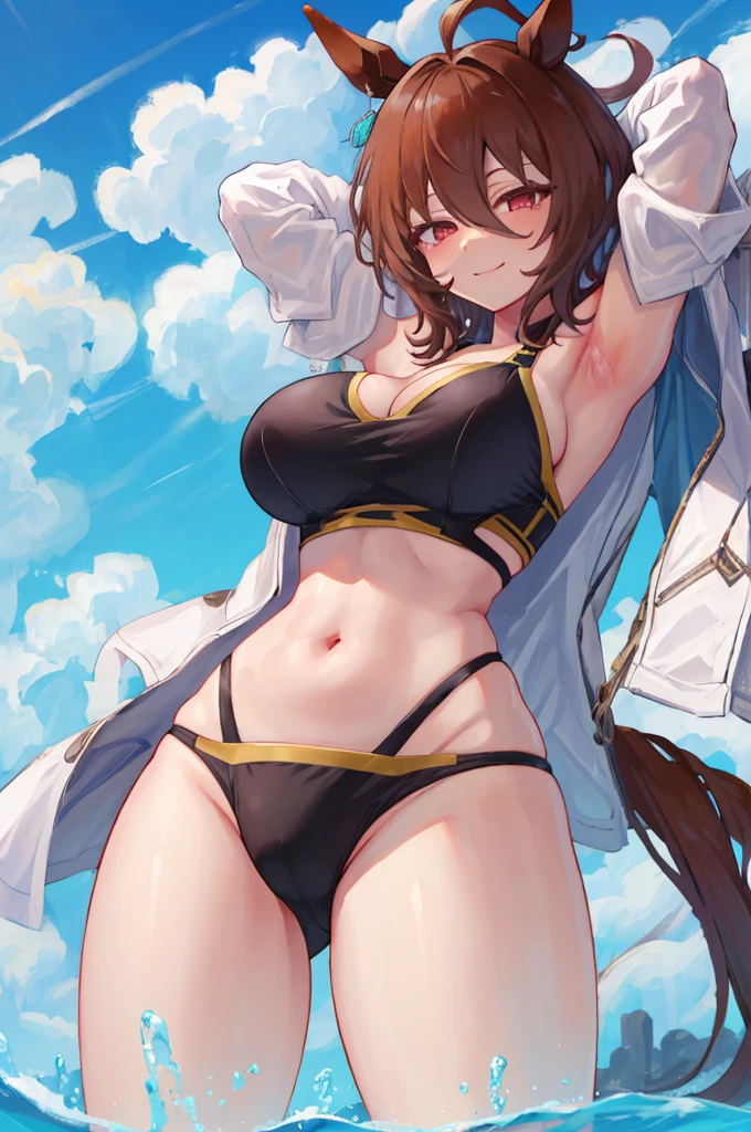 8K, high resolution, NSFW, from below, (gigantic breasts), smug face, huge pelves, inner flesh, agnes tachyon \(umamusume\), black swimwear, looking at viewer, 
, strong eyes, arms behind head, armpit, 