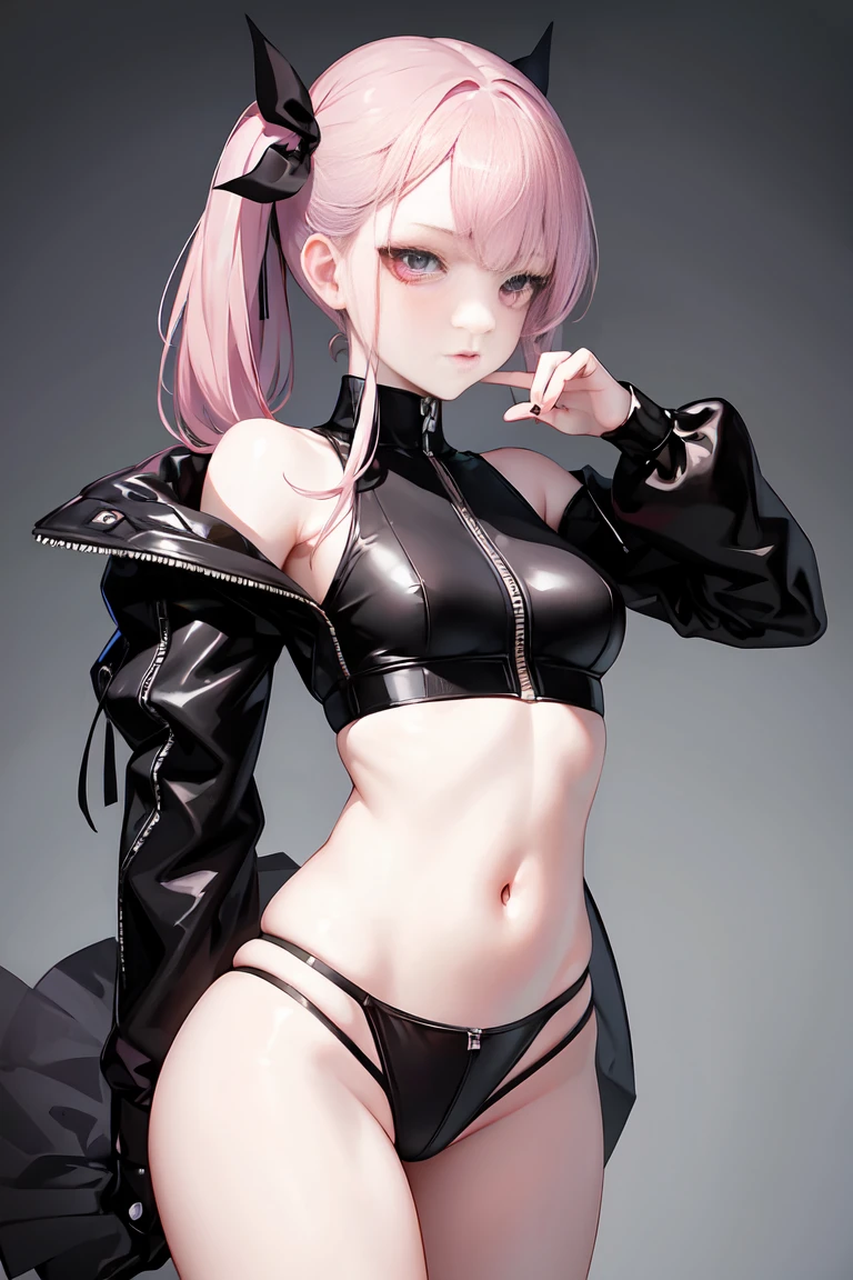 Photo of a goth girl. shaped face. 22 years old, Sharp chin, fot, CRU photo, work of art, extremely detailed photo, dslr, photorealistic 1.4, ultra nothing, best qualityer, pink lips, perfect make-up, photo by full body, Cao Cao, toned, busty, sports bra with zipper, small underwear, Groin bump