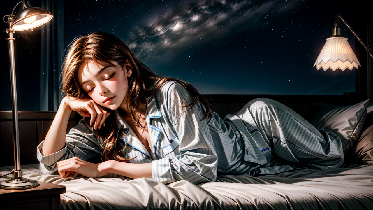 Sleeping teenage girl posing lying on white bed, Head on the pillow, dark night sky in mountain cave, rotation of light, rotation of the lamp, 22yo, ultra realisic, She is wearing pajamas, Brown hair. Perfect hands and perfect fingers. Perfect details of caravan truck