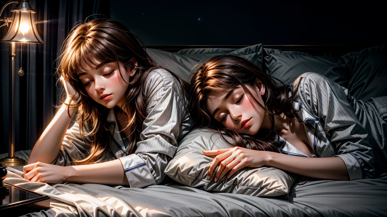 Sleeping teenage girl posing lying on white bed, Head on the pillow, dark night sky in mountain cave, rotation of light, rotation of the lamp, 22yo, ultra realisic, She is wearing pajamas, Brown hair. Perfect hands and perfect fingers. Perfect details of caravan truck