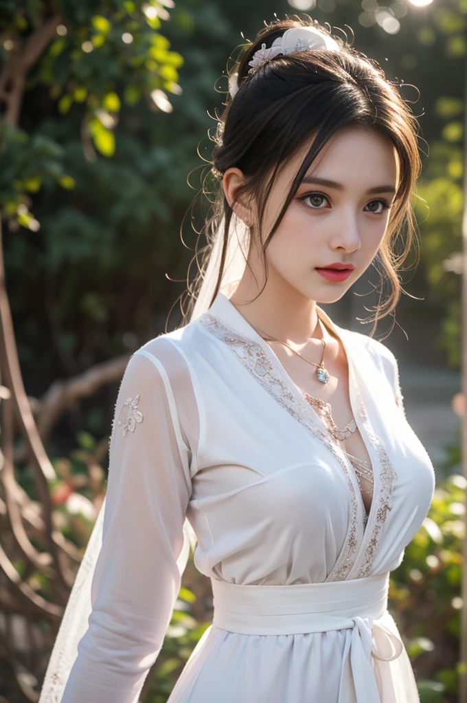 1 beautiful girl in Hanfu costume, ((white thin purple silk shirt with a lot of texture)), white lace top, long purple platinum ponytail Hair, Jewelry, ear jewelry, necklaces and necklaces, carefully drawn big purple eyes, makeup careful, thin eyebrows, high nose, beautiful red lips, no smile, pursed lips, rosy cheeks, wide breasts, big breasts, proportional breasts, slim waist, purple fishnet socks, chinese hanfu style, fictional art texture, colorful bright and realistic, RAW Photo, Realistic Photo, ultra high quality 8k surreal photo, (effective fantasy light effect: 1.8), 10x pixels, magical effect (Background): 1.8), ultradetailed eyes, full body portrait of girl , Chinese royal garden background, dynamic pose