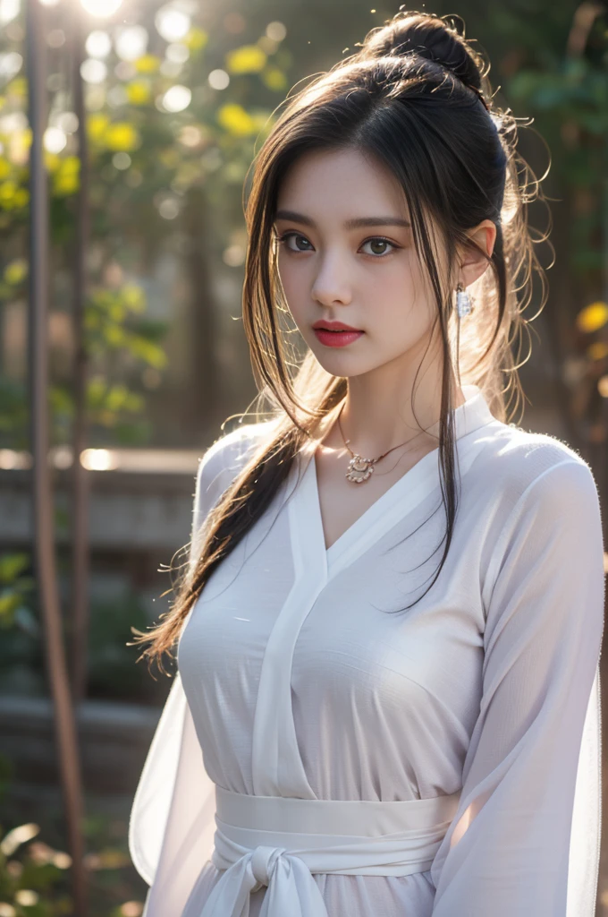 1 beautiful girl in Hanfu costume, ((white thin purple silk shirt with a lot of texture)), white lace top, long purple platinum ponytail Hair, Jewelry, ear jewelry, necklaces and necklaces, carefully drawn big purple eyes, makeup careful, thin eyebrows, high nose, beautiful red lips, no smile, pursed lips, rosy cheeks, wide breasts, big breasts, proportional breasts, slim waist, purple fishnet socks, chinese hanfu style, fictional art texture, colorful bright and realistic, RAW Photo, Realistic Photo, ultra high quality 8k surreal photo, (effective fantasy light effect: 1.8), 10x pixels, magical effect (Background): 1.8), ultradetailed eyes, full body portrait of girl , Chinese royal garden background, dynamic pose