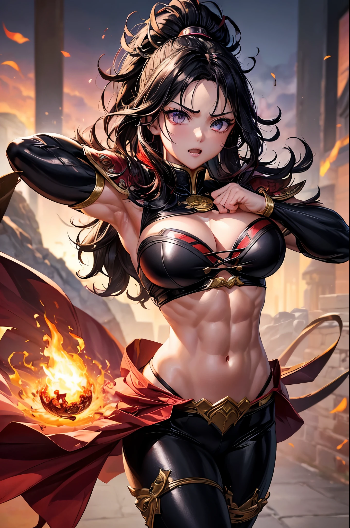 8k,Black light、Real Art、Slim and muscular macho manな女性、Super Beauty(Like the real thing)、Super strong muscles,iris、超High resolution、One Mature Woman、Light Brown Mohawk、Mature Demon Slayer: Kimetsu no Yaiba: Kimetsu no Yaiba: Kimetsu no Yaiba、anger,Sharp eyes,非常にVery large breasts、Glowing iris、Slim and muscular macho man、Toned, muscular lower body、Gorgeous red large chest armor、Luxury black and red pants、Gorgeous red shoulder pads,Detailed light、Dynamic Angle、Written boundary depth、(((((())))、Show me your fangs、(Super A)High resolution、Best image quality)、(8k、RAW Photos、Best image quality、masterpiece)、Technology Sense、Best image quality、masterpiece、Consciousness upward、CG、Sense of unity、wallpaper、Official Art,Very delicate and beautiful、Attention to detail、Attention to detail、Clear focus、Rich background、(Real People、image)、((High resolutionの肌))、A large flame burning red from the body(Tone flame effect)(There are many big flames)Fantasy art、Shoulder muscles Abdominal muscles、Arm Muscles,Ultra-Realistic Skin、Combat pose,Look at the viewers,Big Energy,Japanese,Dynamic action poses,Very large breasts,Super strong abdominal muscles,Super Muscular Beauty,Thick muscular arms,Very large chest with red breastplate,