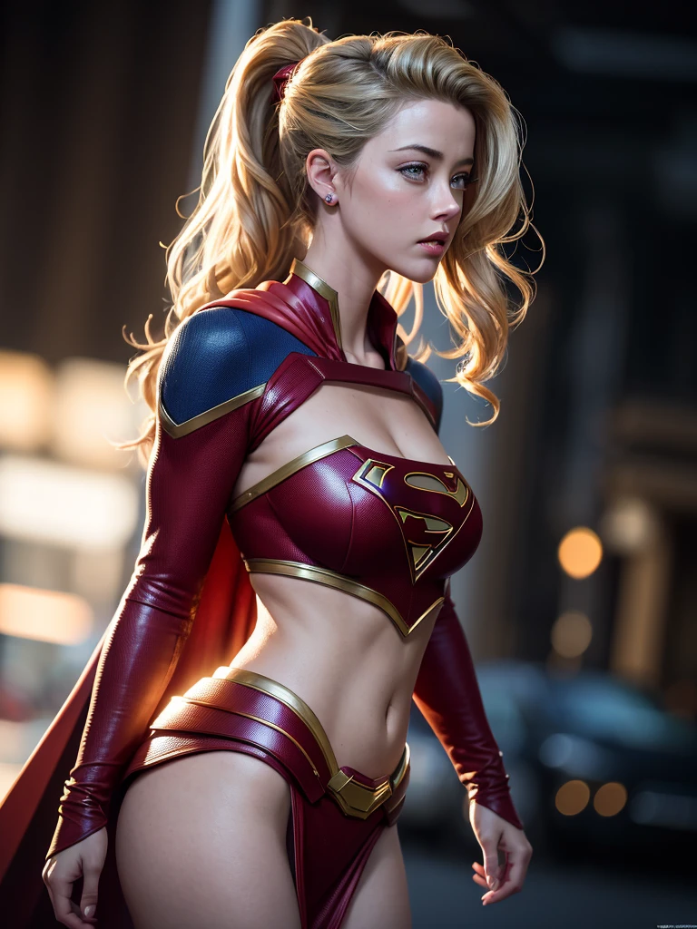 side view ,masterpiece,AMBER HEARD, a woman, supergirl, cleavage, high detailed skin texture, 8k, Bright lighting, face lighting, (extremely detailed CG unity 8k wallpaper), trending on ArtStation, trending on CGSociety, High Detail, Sharp focus, dramatic, beautiful background, full shoot, high quality, (beautiful face), (detailed face), beautiful hands