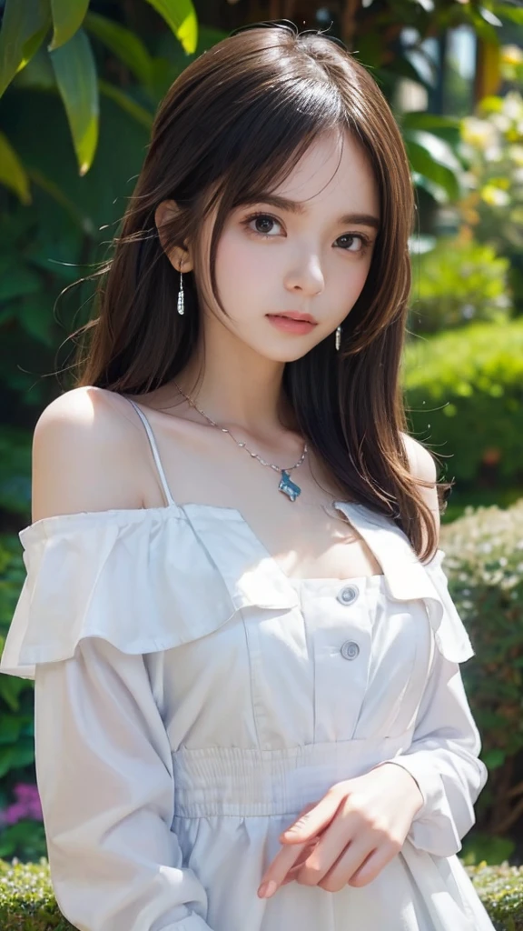landscape、(Image looking from the chest up:1.6)、Close-up of a woman wearing a white off-shoulder top and earrings, necklace,Soft portrait shots 8 k, Cute and delicate face, High-quality 4K portraits, High quality portrait, Soft and flawless pale skin, 8k highly detailed face, Beautiful delicate face, Beautiful bright big eyes, Beautiful and realistic faces, beautiful young woman with, Beautiful and realistic faces, Cute young woman,garden,outdoor