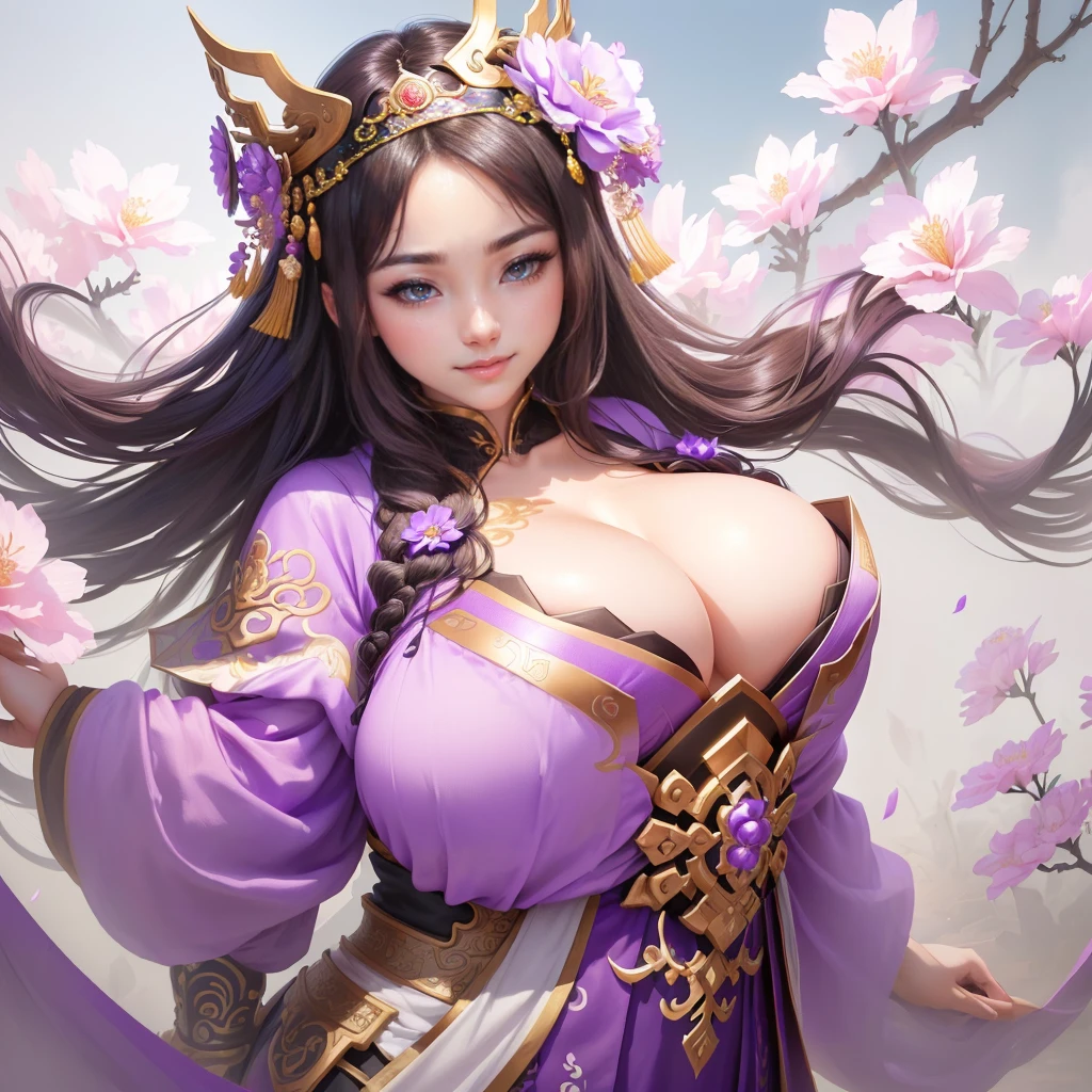 a woman in a purple honfu with flowers on her head, a beautiful fantasy empress, inspired by Ju Lian, inspired by Li Mei-shu, yun ling, inspired by Lan Ying, inspired by Wu Zuoren, inspired by Wu Bin, inspired by Pu Hua, ((a beautiful fantasy empress)), inspired by Qiu Ying, inspired by Wu Li, , Highly detailed CG unit 8k wallpaper, masterpiece, High resolution, highest quality, highest quality real texture skin, Super Real, Digital Painting, Best image quality, 最High resolution, 8k, ((Highly detailed eyes and face, Beautiful eyes every detail)), 1girl, Full Body Shot, Saggy breasts, Gravity-dependent breasts, long chest, Heavy chest, disproportionate breasts, huge breasts, sagging breasts, gigantic breasts, erect nipple, smile,
