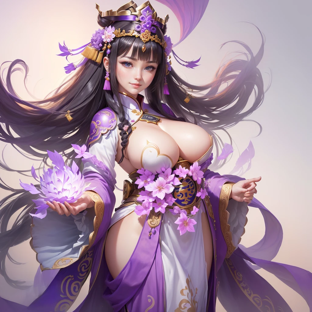 a woman in a purple honfu with flowers on her head, a beautiful fantasy empress, inspired by Ju Lian, inspired by Li Mei-shu, yun ling, inspired by Lan Ying, inspired by Wu Zuoren, inspired by Wu Bin, inspired by Pu Hua, ((a beautiful fantasy empress)), inspired by Qiu Ying, inspired by Wu Li, , Highly detailed CG unit 8k wallpaper, masterpiece, High resolution, highest quality, highest quality real texture skin, Super Real, Digital Painting, Best image quality, 最High resolution, 8k, ((Highly detailed eyes and face, Beautiful eyes every detail)), 1girl, Full Body Shot, Saggy breasts, Gravity-dependent breasts, long chest, Heavy chest, disproportionate breasts, huge breasts, sagging breasts, gigantic breasts, erect nipple, smile,