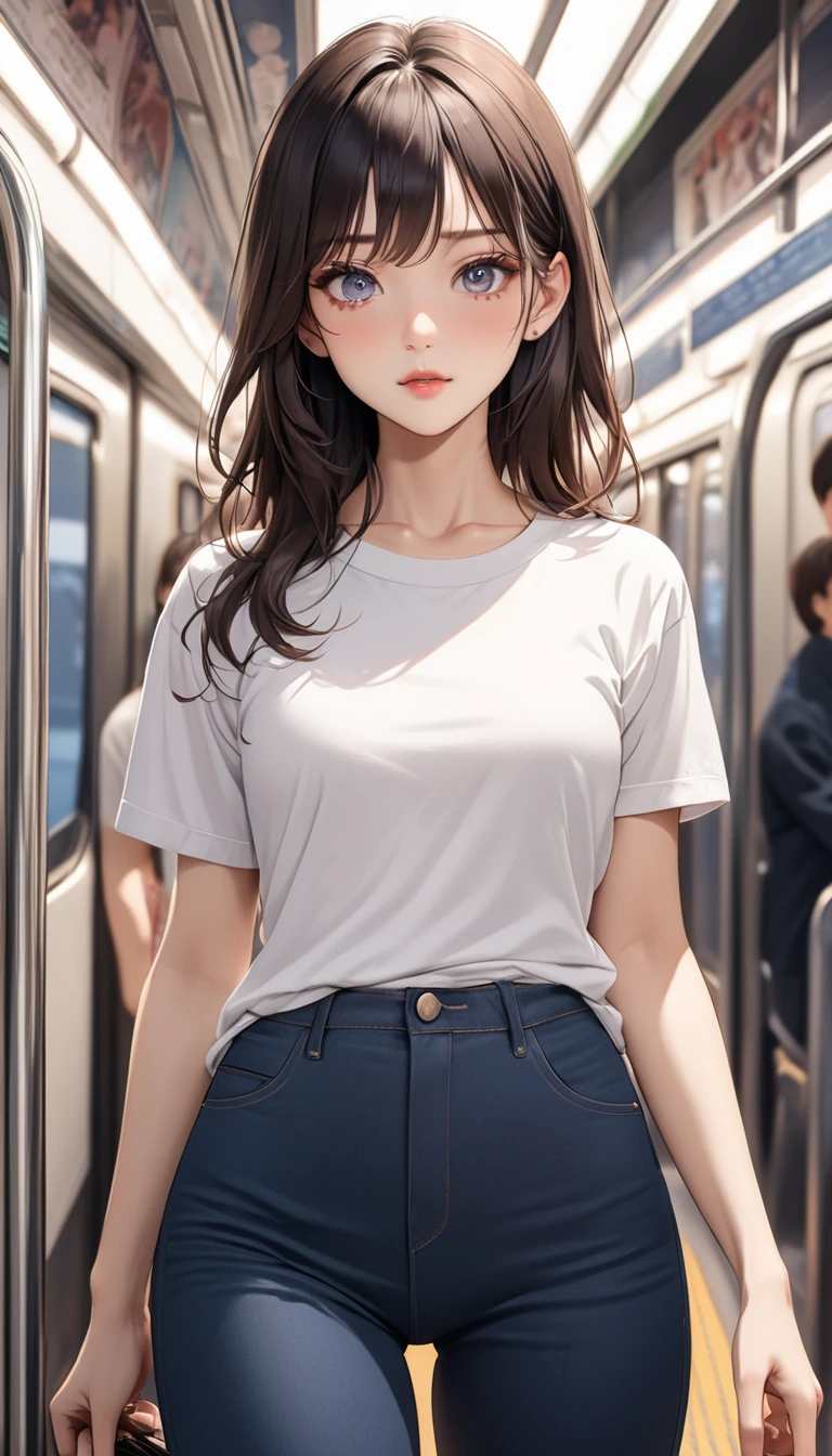 masterpiece, High resolution, perfect face, Korean beauty, 30 years old, beautiful face, in the crowded train, T-shirt, skinny pants, embarrassed look, look at the camera, (top quality eyes), detailed texture, look at me, Married woman, cool women, ((high resolution eyes))
