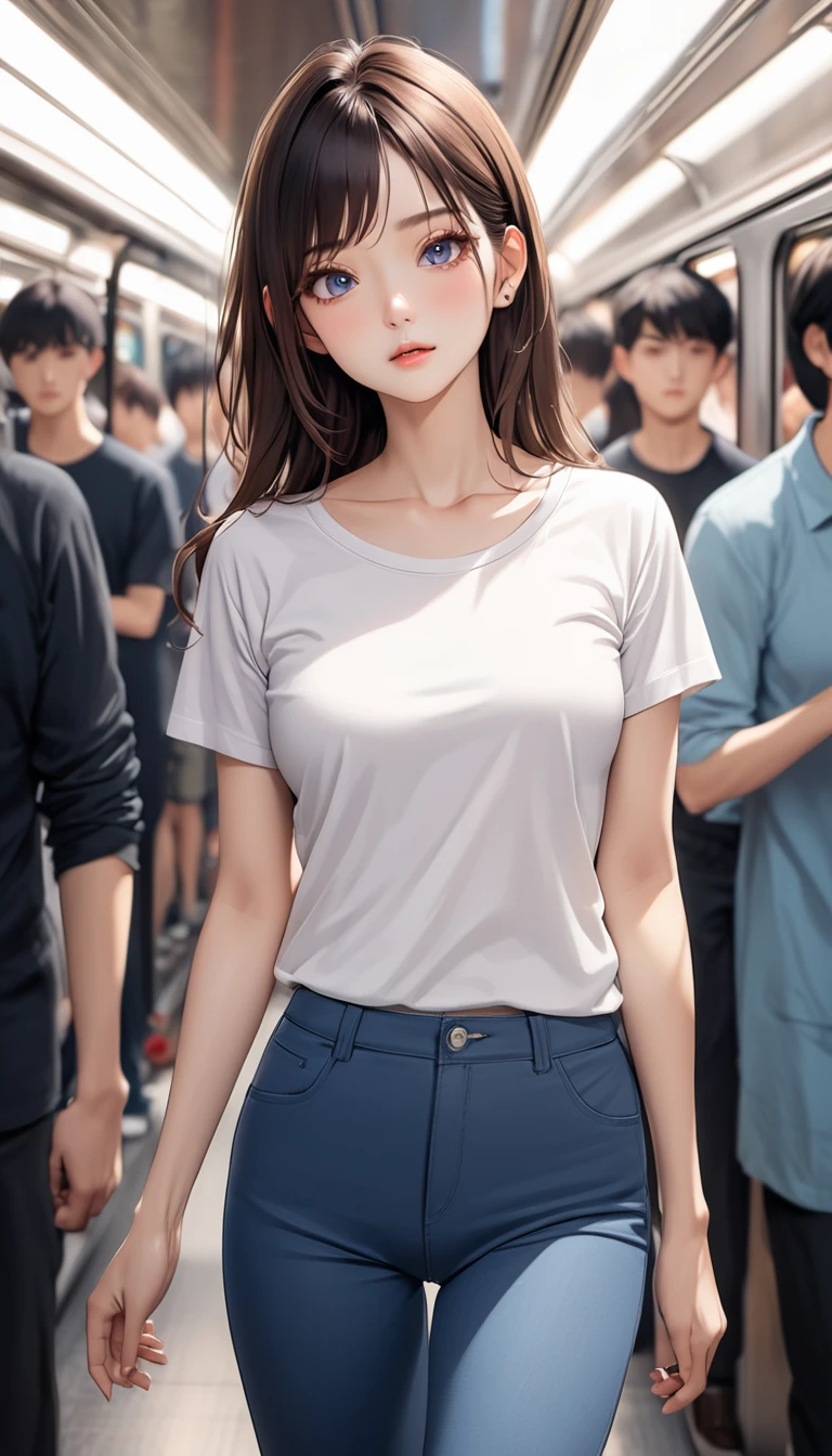 masterpiece, High resolution, perfect face, Korean beauty, 30 years old, beautiful face, in the crowded train, T-shirt, skinny pants, embarrassed look, look at the camera, (top quality eyes), detailed texture, look at me, Married woman, cool women, ((high resolution eyes))