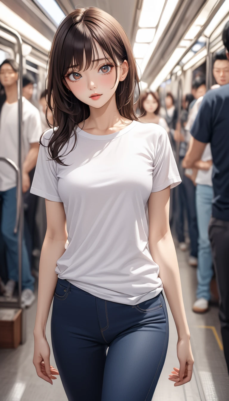 masterpiece, High resolution, perfect face, Korean beauty, 30 years old, beautiful face, in the crowded train, T-shirt, skinny pants, embarrassed look, look at the camera, (top quality eyes), detailed texture, look at me, Married woman, cool women, ((high resolution eyes))