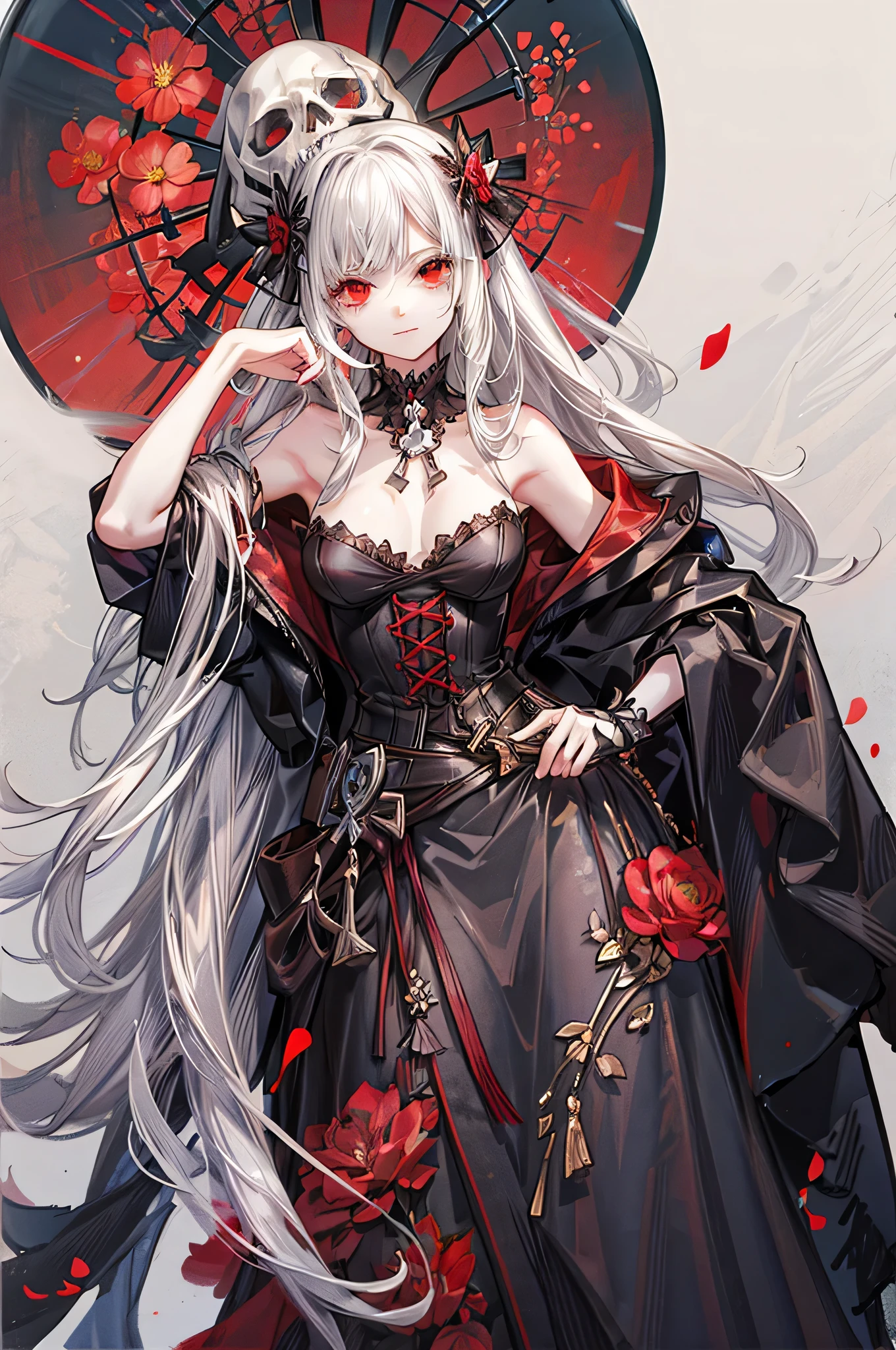 Anime girl, white hair, ((white skeleton)), red flower, ((big boobs)) , illustration, 25 year old, bone, skull, ((bust-up)), red eyes, full black dress, black collar, luxurious,