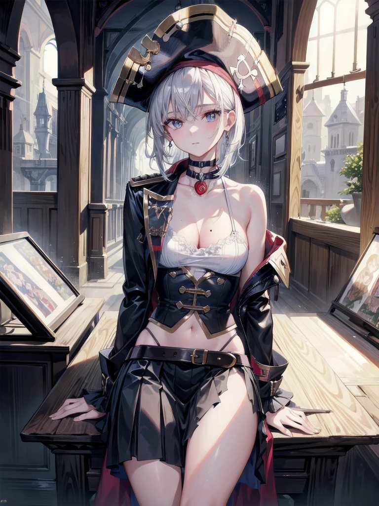 absurdres, RAW photo, extremely delicate and beautiful, masterpiece, Best Quality, ultra high resolution, 32k, hyperrealistic, ultra-detailed, perfect anatomy, super Detailed skin, 20 years old, very small head, very small face, delicate facial features, tearful mole, earring, very huge round breasts, legs, medium hair, whole body shot, indoor, (Practical pirate clothing), Long-sleeved pirate top, Skirt,Torn pirate hat,