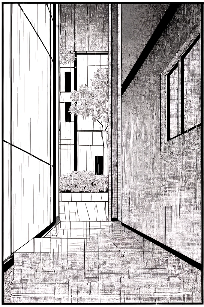 a black and white drawing of a room with a window and a door, black and white manga panel, black and white manga page, rainy environment, rain. hyper detailed, inside on a rainy day, rainy outside, window ( rain ), rainy and gloomy atmosphere, rainy day outside, impending doom in an alleyway, manga panels, manga page, alley, ((LineArt))