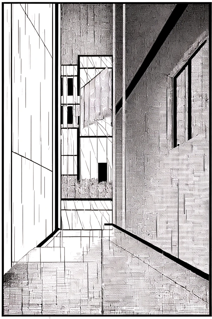 a black and white drawing of a room with a window and a door, black and white manga panel, black and white manga page, rainy environment, rain. hyper detailed, inside on a rainy day, rainy outside, window ( rain ), rainy and gloomy atmosphere, rainy day outside, impending doom in an alleyway, manga panels, manga page, alley, ((LineArt))