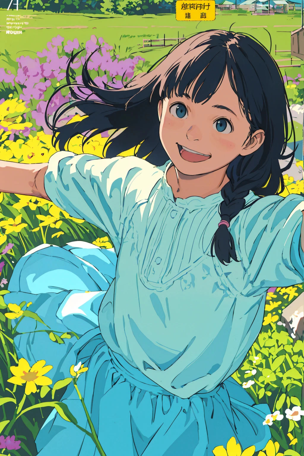 Affordable design, Clear lines, High Sharpness, (Highest quality,8k,Perfect sharpness,Ultra fine,High resolution,masterpiece:1.2), Perfect Anatomy:1.5, Official Art, Illustrations that tell a story, (Whitish background:0. 9)、Body Positivity、多Mr.な身体表現、(Random and energetic poses)、Perfect beauty、Perfect beautiful face、Strong winds、A rich expression、Dynamic composition、smile、Golden ratio composition、colorful、((Mr.々Different angles and perspectives))、Anime Art、(Mini dress)、(Overcoming stereotypes)、 Glowing Skin、(Natural beauty)、smile、Bangs、(Soft and flowing hair)、(countryside)、(Nostalgic atmosphere)、Put it up to your thighs、(Playful and carefree)、(多Mr.な民族のキャラクター)、(innocent attitude)、(Sunny atmosphere)、(The skirt flutters wildly in the wind)、(Bright colors)、Beautiful Eyes、(Embarrassing)、Braided Hair、Summer Scene、Smiling among flowers、Fashion magazine cover、Side angle、Angle from below、