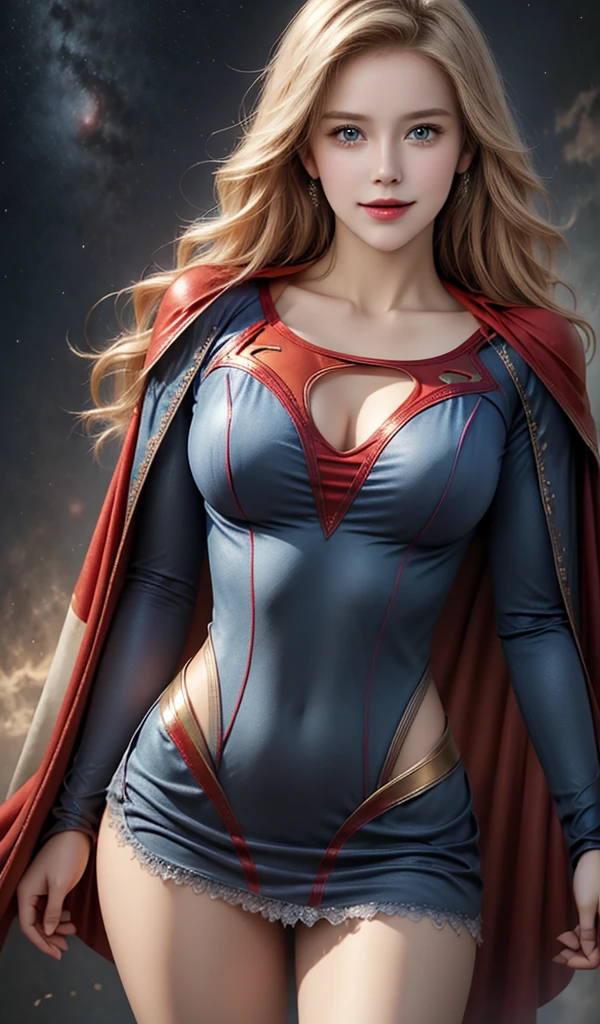 The actress Sidney Sweeney as the character Supergirl, extremely beautiful blue eyes, beautiful blond hair, incredible beautifulanatomy, smooth curves, perfect anatomy, underneath angle view, perfect smile, red cape, space in the background