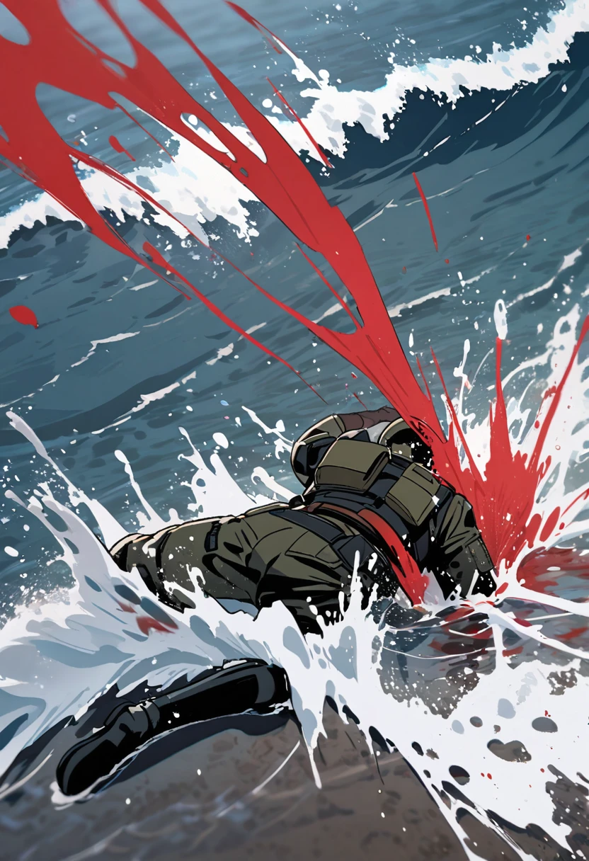 Sea, solo, black male soldier fell on the sea, big splash, blood on the sea, 