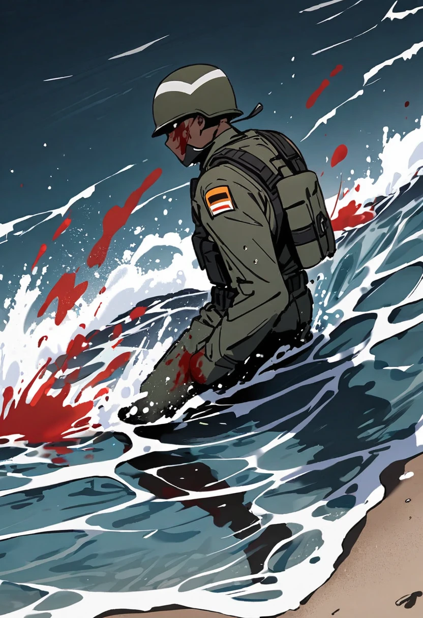 Sea, solo, black male soldier fell on the sea, big splash, blood on the sea,