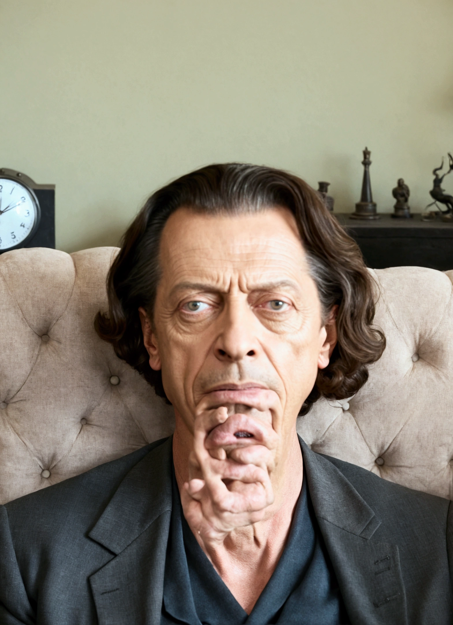 a man sitting on the sofa, clock in the background, Steve Buscemi, An eerie sinister valley, Hyper-realistic Jeff Goldblum, Portrait of Alan Watts, very detailed visual portrait, cinematic bust portrait, Wolfgang Lettl is very detailed, portrait of a male humanoid, inspired by Samuel Dirks van Hoogstraten, Amazing resemblance