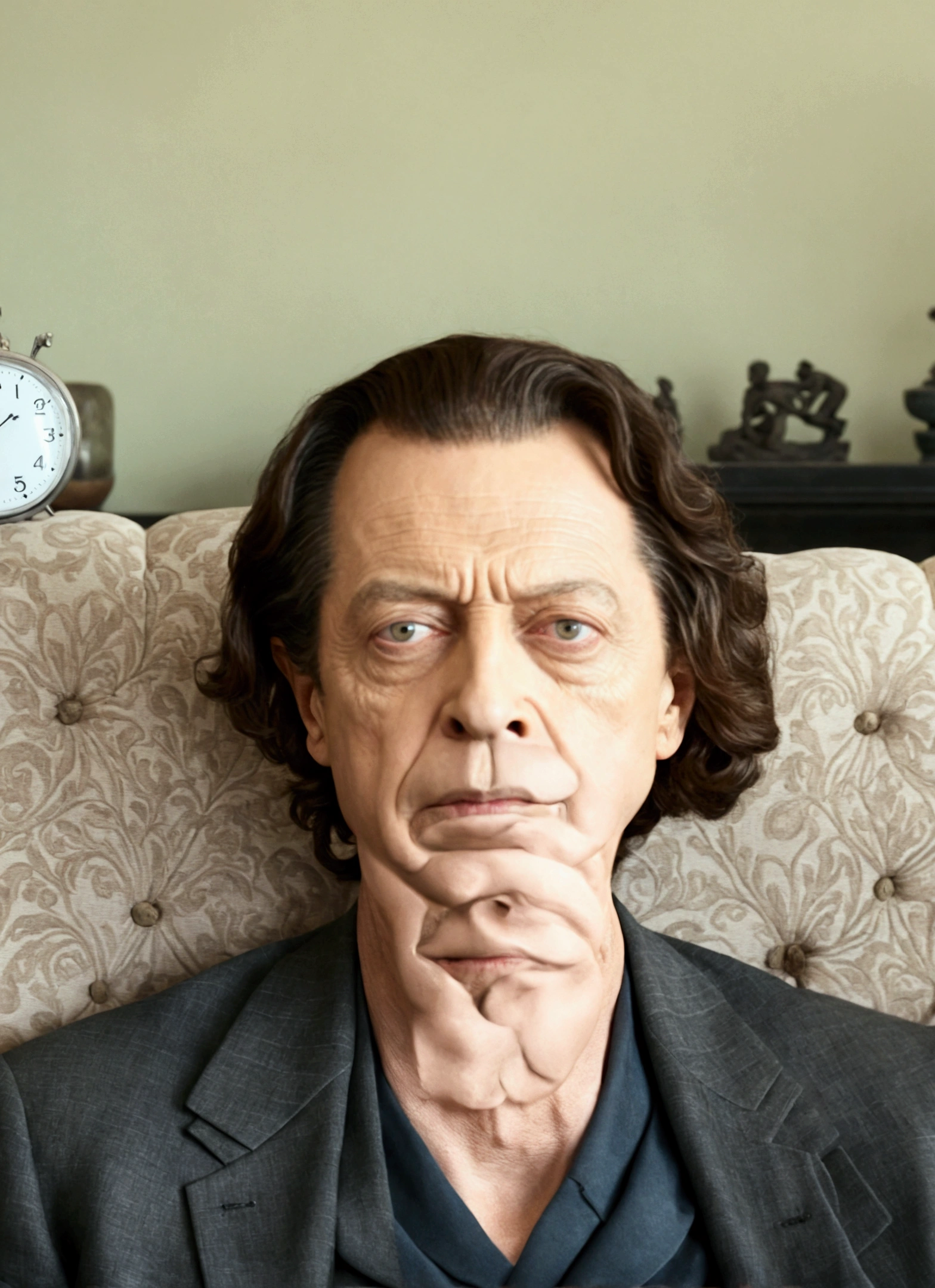 a man sitting on the sofa, clock in the background, Steve Buscemi, An eerie sinister valley, Hyper-realistic Jeff Goldblum, Portrait of Alan Watts, very detailed visual portrait, cinematic bust portrait, Wolfgang Lettl is very detailed, portrait of a male humanoid, inspired by Samuel Dirks van Hoogstraten, Amazing resemblance