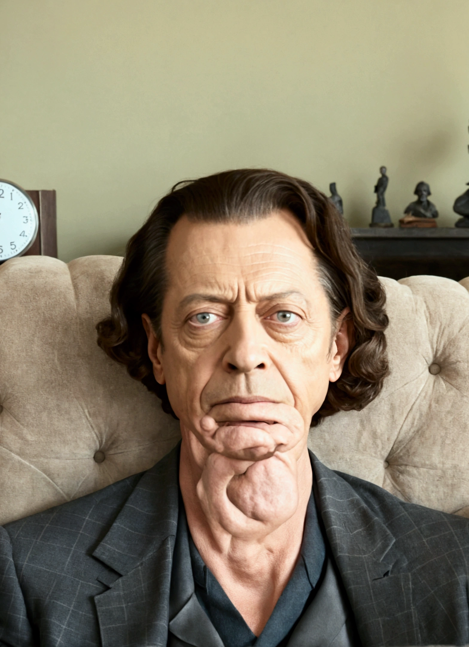 a man sitting on the sofa, clock in the background, Steve Buscemi, An eerie sinister valley, Hyper-realistic Jeff Goldblum, Portrait of Alan Watts, very detailed visual portrait, cinematic bust portrait, Wolfgang Lettl is very detailed, portrait of a male humanoid, inspired by Samuel Dirks van Hoogstraten, Amazing resemblance