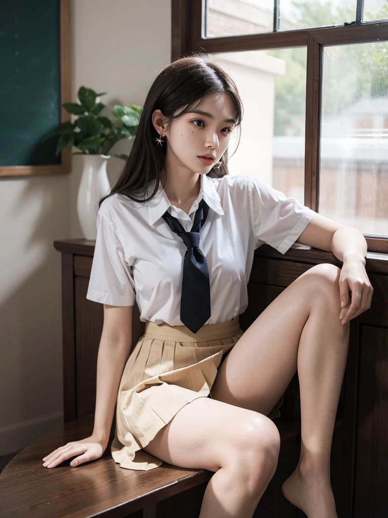 absurdres, RAW photo, extremely delicate and beautiful, masterpiece, Best Quality, ultra high resolution, 32k, hyperrealistic, ultra-detailed, perfect anatomy, super Detailed skin, 20 years old, very small head, very small face, delicate facial features, tearful mole, earring, very huge round breasts, legs, medium hair, whole body shot, indoor, ((school_uniform)), skirt,