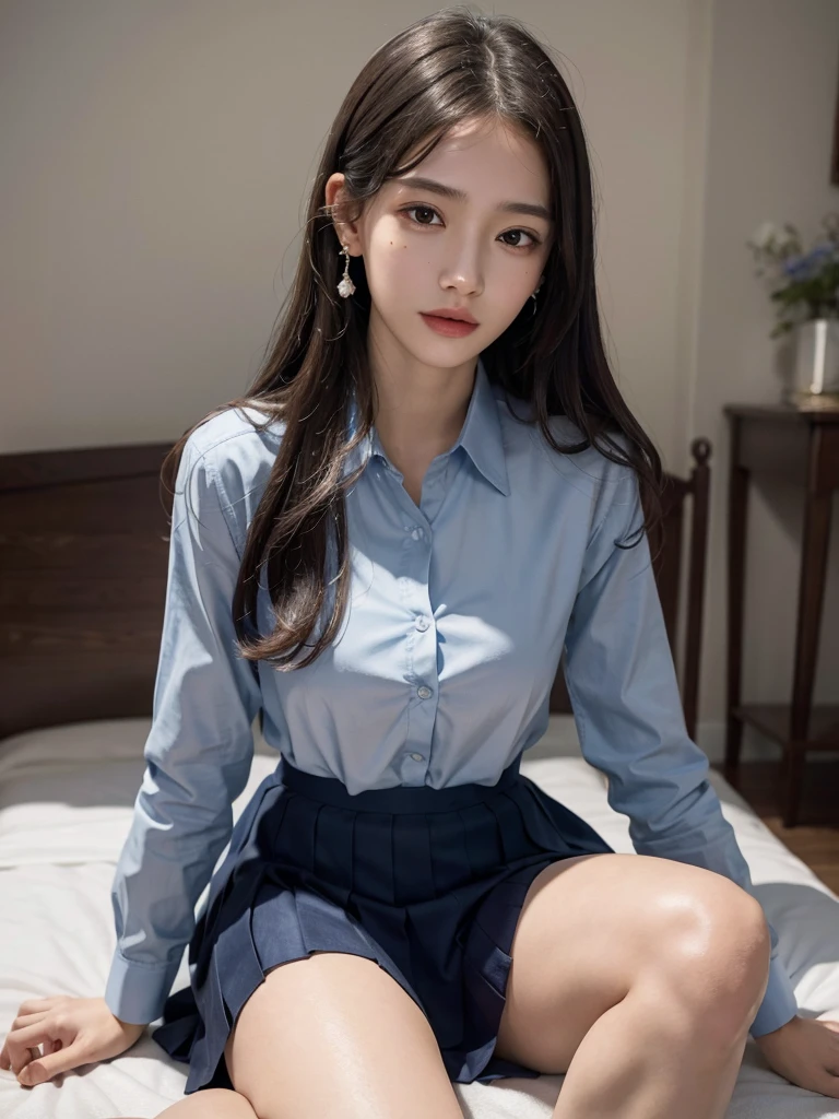 absurdres, RAW photo, extremely delicate and beautiful, masterpiece, Best Quality, ultra high resolution, 32k, hyperrealistic, ultra-detailed, perfect anatomy, super Detailed skin, 20 years old, very small head, very small face, delicate facial features, tearful mole, earring, very huge round breasts, legs, medium hair, whole body shot, indoor, ((school_uniform)), skirt,