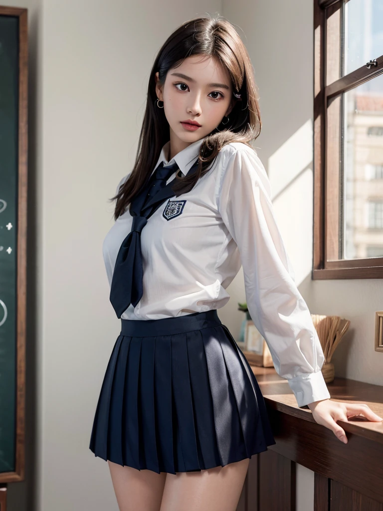 absurdres, RAW photo, extremely delicate and beautiful, masterpiece, Best Quality, ultra high resolution, 32k, hyperrealistic, ultra-detailed, perfect anatomy, super Detailed skin, 20 years old, very small head, very small face, delicate facial features, tearful mole, earring, very huge round breasts, legs, medium hair, whole body shot, indoor, ((school_uniform)), skirt,